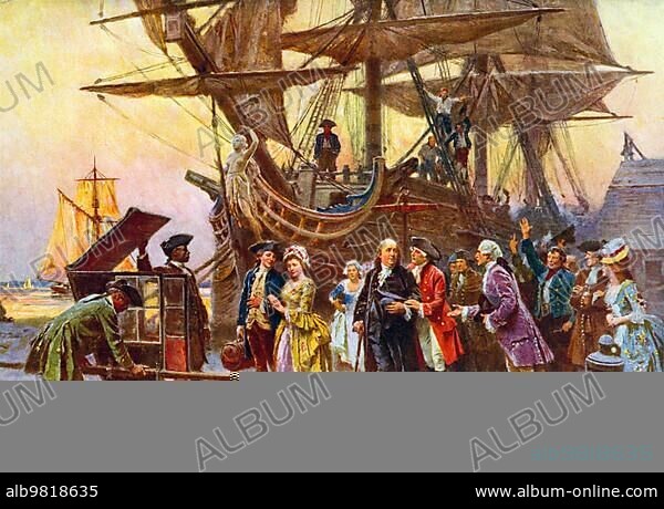 Franklin's return to Philadelphia; 1785. Benjamin Franklin; Richard Bache; his woman Sarah; Franklin's daughter; and their son Benjamin Franklin Bache at the Philadelphia harbour. Franklin is greeted by Judge Thomas McKean; who stands on the right. On the left; a sedan chair with two African American porters waits for Franklin; Painting by Jean Leon Gerome Ferris; Historic; digitally restored reproduction from a 19th century original.