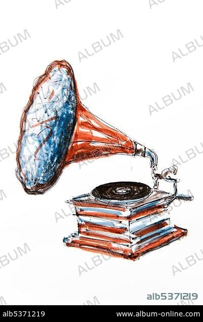 Old gramophone, phonograph, drawing, artist Gerhard Kraus, Kriftel, Germany, Europe.