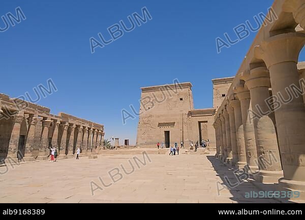 Porticoes, Dromos Square, First Pylon, Temple of Isis, Philae Temple Complex, Aswan, Egypt, Africa.