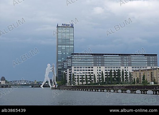 Treptowers high-rise building, Allianz insurance building and sculpture Molecule Men on the Spree, Treptow district, Berlin, Germany, Europe.
