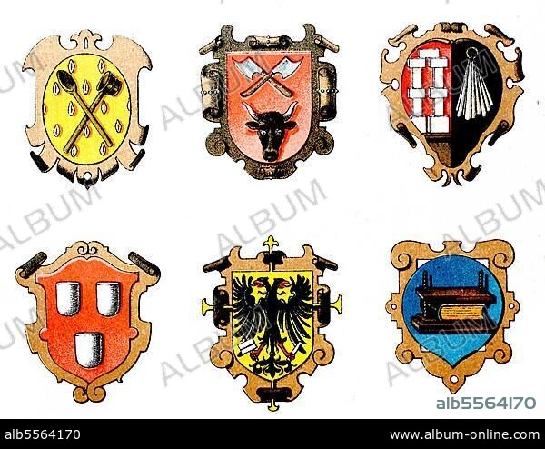 1890, Zunftwappen: Brauer, Schlächter, Seifensieder, Maler, Buchdrucker, Buchbinder, digital restaurierte Reproduktion einer Originalvorlage aus dem 19. Jahrhundert.
