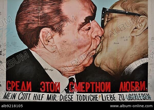 Dimitrij Vrubel, Fraternal kiss between Leonid Brezhnev and Erich Honecker, mural by Dmitry Vladimirovich Vrubel, remains of the Berlin Wall, East Side Gallery, Berlin-Friedrichshain, Germany, Europe, PublicGround, Europe.