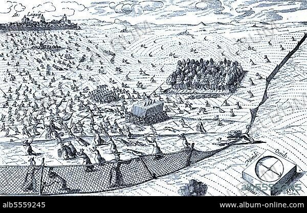 Dreißigjähriger Krieg, der Löwe aus dem Norden durchbricht die von den Jesuiten gezogenen Netze, im Hintergrund Leipzig, satirisches Flugblatt zur Schlacht bei Breitenfeld, gedruckt 1632, Deutschland, digitale verbesserte Reproduktion eines Originaldrucks aus dem 19. Jahrhundert.