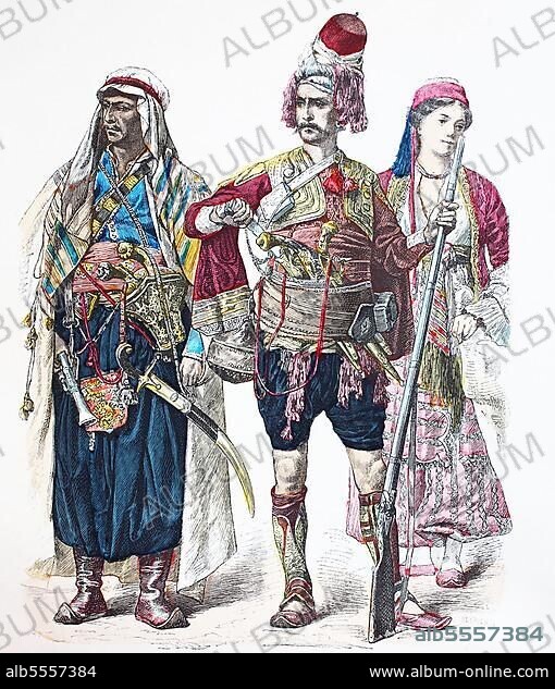 Folk traditional costume, clothing, history of costumes, Maronites from Lebanon, inhabitants of Zeibek, Christian woman from Lebanon, 1880, digitally restored reproduction of a 19th century original, exact date unknown.