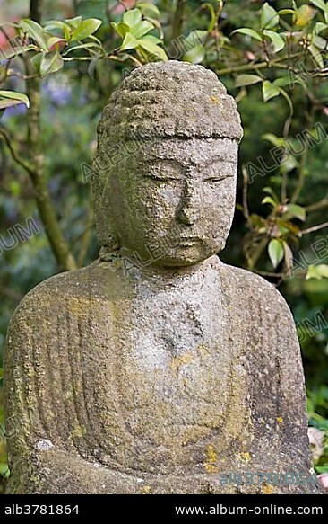 Statue in the Japanese Garden of the Bayer AG, Leverkusen, North Rhine-Westphalia, Germany, Europe.