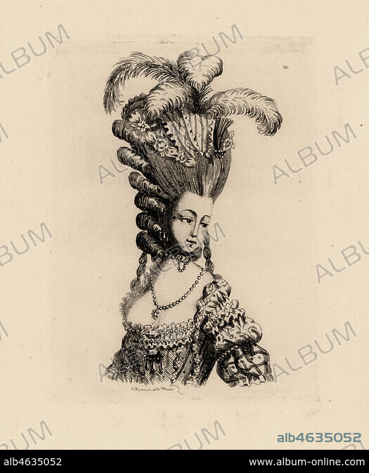 Woman in giant pouf hairstyle with ringlets, era of Marie Antoinette.  Copperplate etching by Auguste Etienne Guillaumot from Costumes et  coiffures du XVIIIe siecle, Costum - Album alb4635052