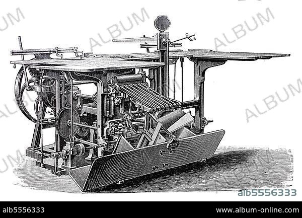 Buchbindereimaschinen 1890: Falzmaschine für das Falzen von Papier, digital restaurierte Reproduktion einer Originalvorlage aus dem 19. Jahrhundert, Originaldatum nicht bekannt.