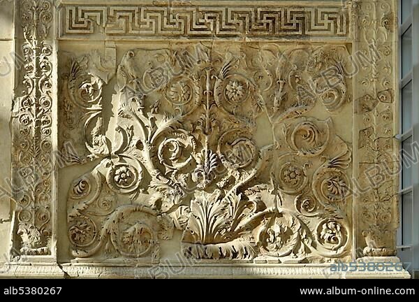 Ornamental relief with flora and fauna, Altar of Augustan Peace, Ara Pacis Augustae, westside, Rome, Lazio, Italy, Europe.