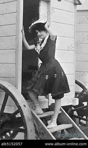Vacation, swimwear, woman goes into the removal van, 1910s, Usedom, Baltic Sea, Germany, Europe.