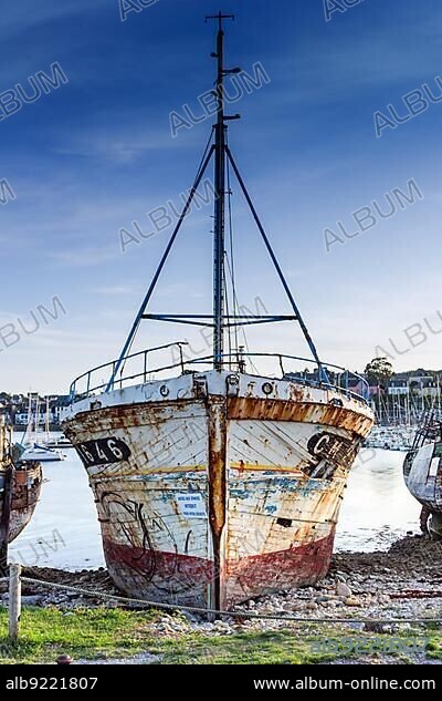 France - 22 August 2019: vertical view of old fishing boat wrecks in the ship cemetery of Camaret-Sur-Mer.