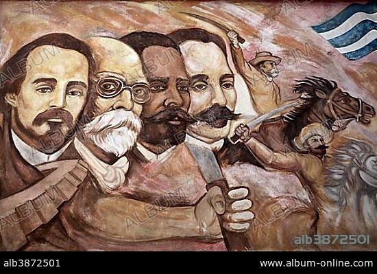 Graffiti, portraits of Cuban independence fighters Carlos Manuel de Cespedes, Maximo Gomez, Antonio Maceo and José Marti, Havana, Cuba, Central America.