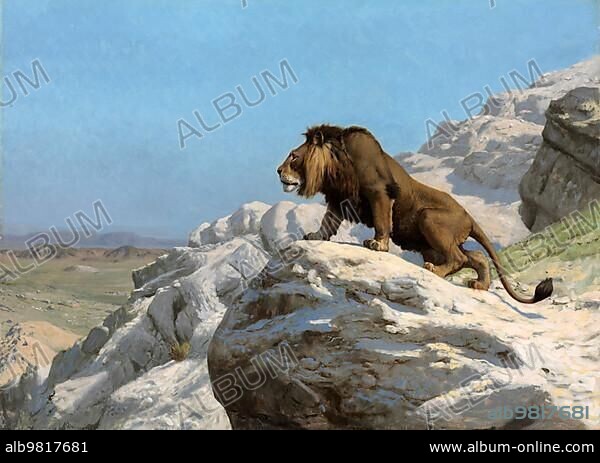 Lion keeping watch on a rock; after a painting by Jean-Leon Gerome; Historical; digitally restored reproduction from a 19th century original.