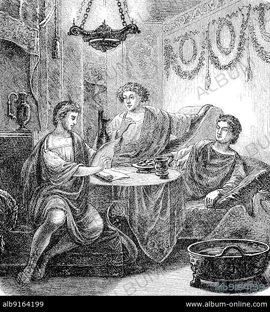 Quintus Horatius Flaccus, 65 B. C. 8 B. Horace, the leading Roman lyric poet in the time of Augustus and Gaius Cilnius Maecenas, 68 B. in the Triclinium, a formal dining room in a Roman building, by Augustus, 63 B. 14 A. D. the founder of the Roman principality, considered the first emperor, History of Ancient Rome, Roman Empire, Italy, digitally restored reproduction from a 19th century original, Europe.