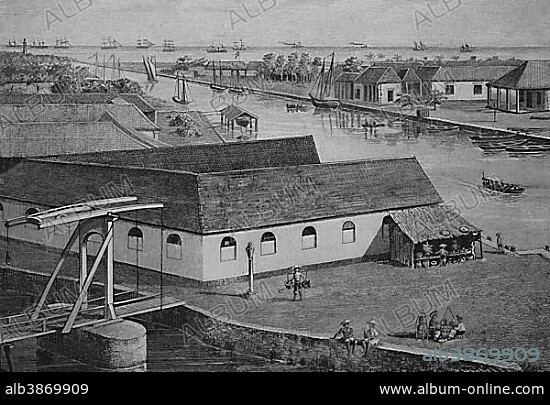 Canal and port of Batavia, now Jakarta, Indonesia, historical engraving, 1883, Asia.