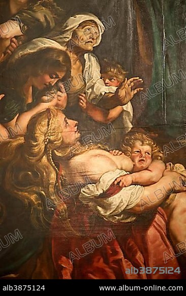 Detail of the painting The Raising of the Cross by Peter Paul Rubens inside the Cathedral of Our Lady, Antwerpen, Flemish Region, Belgium, Europe.