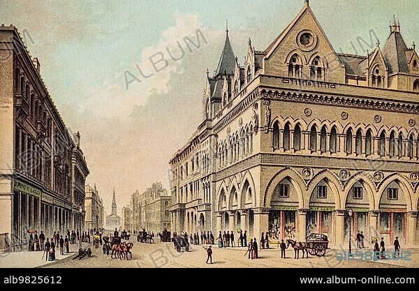 Stock exchange; Buchanan Street; Glasgow; Scotland; Great Britain; street; money; trade; economy; security; magnificent building; carriages; pedestrians; city view; coloured historical illustration from 1889.