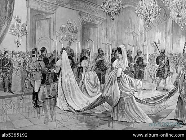 Torch dance, at the marriage of Princess Margaret of Prussia to Prince Friedrich Karl von Hessen-Kassel in the Stadtschloss palace in Berlin, Germany, woodcut circa 1871, Europe.