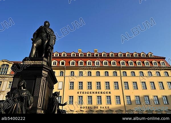 Monument of August II of Saxony, August the Strong, in front of the STEIGENBERGER Hotel de Saxe, Dresden, Free State of Saxony, Germany, Europe.