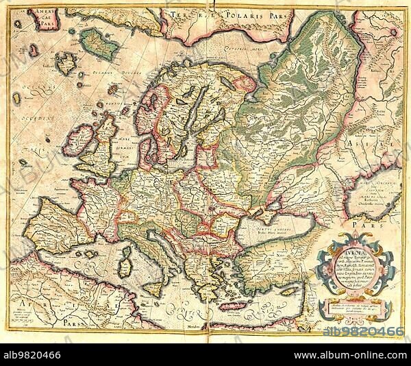 Atlas; map from 1623; Europe; Near East; Russia; Mediterranean; digitally restored reproduction from an engraving by Gerhard Mercator; born as Gheert Cremer; 5 March 1512; 2 December 1594; geographer and cartographer; Europe.