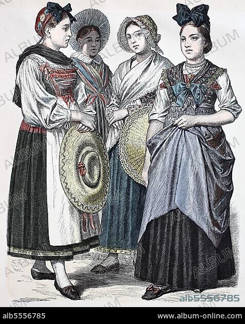 Folk traditional costume, clothing, history of costumes, woman from Kochersberg, Krautgersheim, Colmar and Oberseebach, traditional costumes from Alsace, France, 1885, digitally restored reproduction of a 19th century original, exact date unknown, Europe.