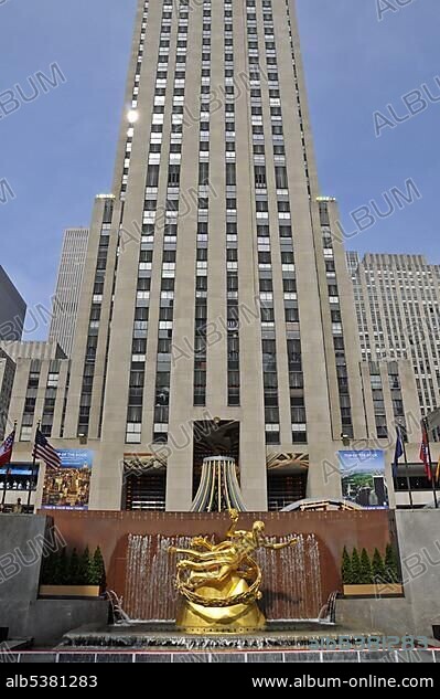 Golden statue of Prometheus by Paul Manship, midtown, Rockefeller Plaza, Manhattan, New York City, USA, North America.