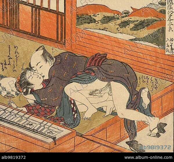 Young woman overpowered by man; Kama Sutra; eroticism; sex; erotic depiction from 1850; Japan; Historical; digitally restored reproduction from a 19th century original; Asia.
