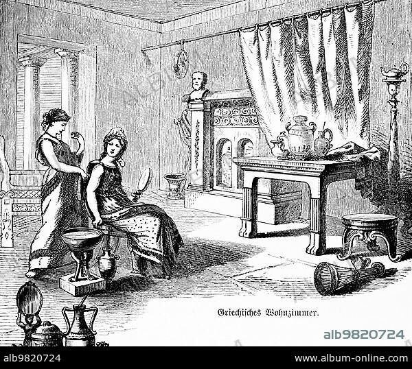 Ancient Greek living room; important woman of the past; history; historical illustration 1894.