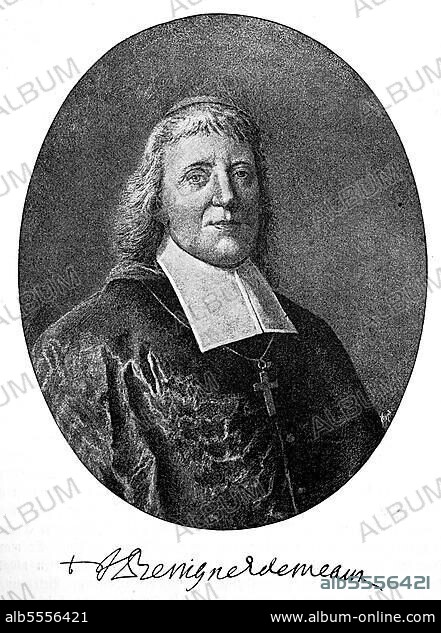 Jacques Bénigne Bossuet, 27 September 1627, 12 April 1704, was a French bishop and author. He made a significant contribution to the philosophy of history and is considered by the French to be a classic among their pulpit orators, Historical, digitally restored reproduction from a 19th century original, exact date unknown.