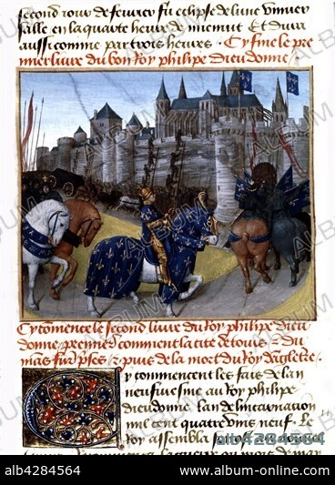 Chronicles of St. Denis. Miniature by Jean Fouquet. In 1189, Capture of Tours by Philip Auguste (1165-1223), king of France (1180-1223). 15th century. France.