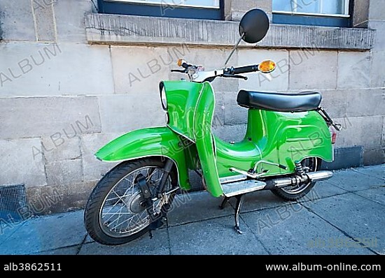 Light green DDR scooter"Schwalbe", Stuttgart, Baden-Wuerttemberg, southern Germany, Germany, Europe.