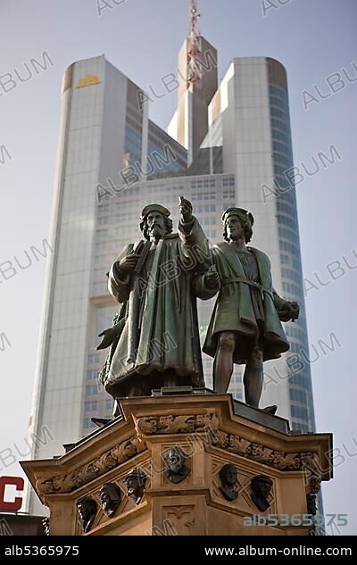 Gutenberg Memorial on Rossmarkt Square, Commerzbank bank in the back, Frankfurt, Hesse, Germany, Europe.