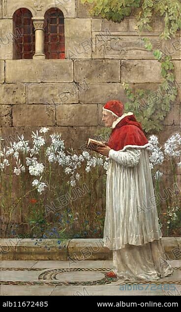 A pope in a white robe and red hat reads a book in a garden, surrounded by white flowers in front of a stone wall with ivy. Pope Urban VI, Urban VI, originally Bartolomeo Prignano, (1318, 15 October 1389) was Roman Catholic Pope from 1378 to 1389, Painting by John Maler Collier (28 January 1850, 11 April 1934), British writer and painter, Historical, digitally restored reproduction from a 19th century original, Record date not stated.