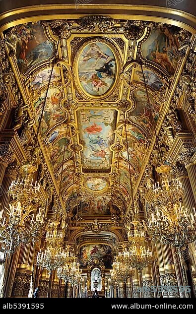 Interior, Grand Foyer with ceiling painting by Paul Baudry with motifs from musical history, OpÃ©ra Palais Garnier opera, Paris, France, Europe.