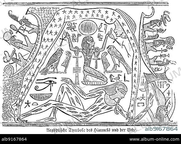 Egyptian symbols of heaven and earth, hieroglyphics, people, ships, birds, Bible, Old Testament, First Book of Moses, Egypt, historical illustration 1850, Africa.