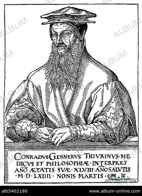 Historical engraving, portrait of Conrad Gesner, Konrad Gessner, Conrad Gessner, Conrad von Gesner or Conradus Gesnerus, 1516-1565, Swiss physician, naturalist and philologist, 16th century, from Bildatlas zur Geschichte der Deutschen Nationalliteratur by Gustav Koennecke, illustrated atlas, 1887.