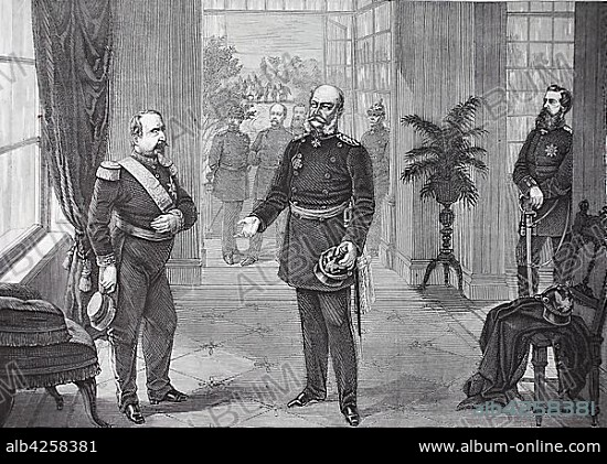 Capture of Napoleon III. by King Wilhelm in the Bellevue Castle at Sedan on September 2, 1870, France, German-French campaign of 1870/1871, woodcut, France, Europe.