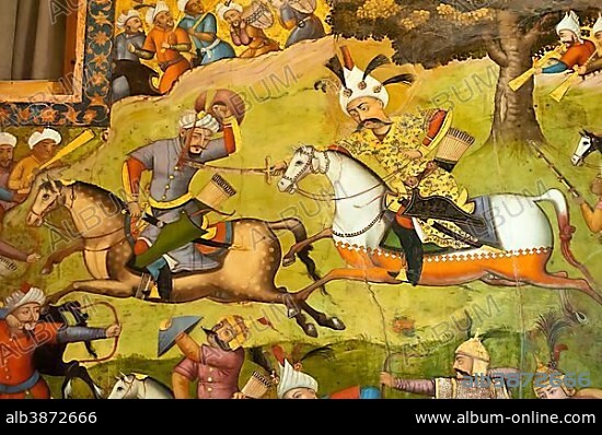 Fresco, Shah Ismail on a white horse at the battle of Taher Abad, 1510, against the Uzbeks in Merv, Chehel Sotoun, Forty Pillars Palace, Isfahan, Iran, Asia.