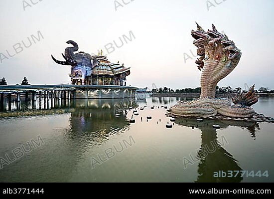 Seven-headed Naga serpent in front of the Elephant Temple Thep Wittayakhom Vihara, Wittayakom, dusk, Wat Baan Rai, Korat, Nakhon Ratchasima Province, Isaan, Isan, Thailand, Asia.