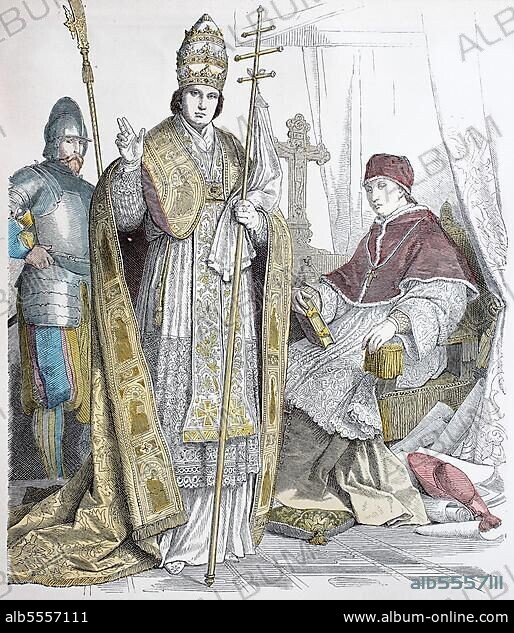 Folk traditional costume, Clothing, History of costumes, Ecclesiastical garments, Swiss Guardsman, Pope in regalia and Pope in domestic garb, 17th century, Italy, Historical, digitally restored reproduction of a 19th century original, exact date unknown, Europe.