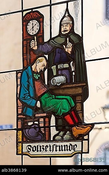 Glass window "Polizeistunde", German for curfew, at an inn, Regensburg, Bavaria, Germany, Europe.