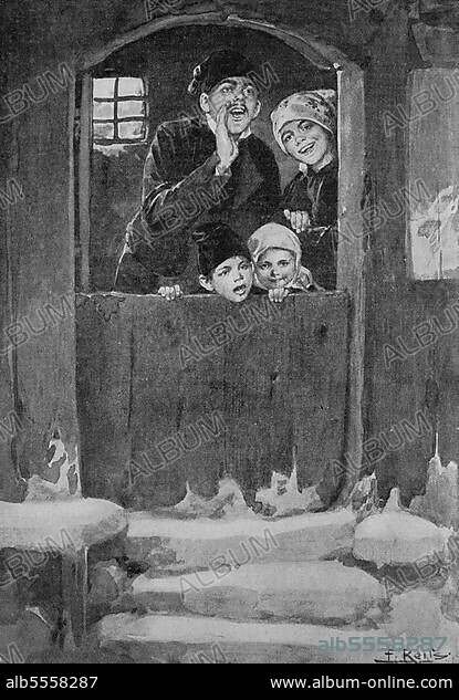 Prosit Neujahr, Familie ruft einen Gruß zu den Nachbarn, 1880, Deutschland, Historisch, digitale Reproduktion einer Originalvorlage aus dem 19. Jahrhundert, Originaldatum nicht bekannt.