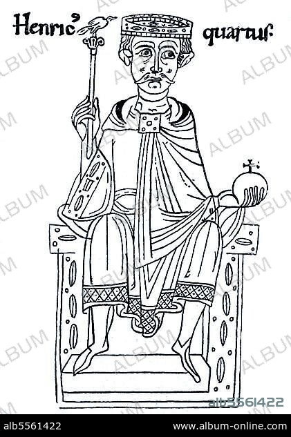 Heinrich IV. Auf dem Thron mit Krone, Zepter und Reichsapfel, Miniatur aus der Kaiserchronik des Mönchs Ekkards von Aurach aus dem Jahr 1113, digitale verbesserte Reproduktion eines Originaldrucks aus dem 19. Jahrhundert.