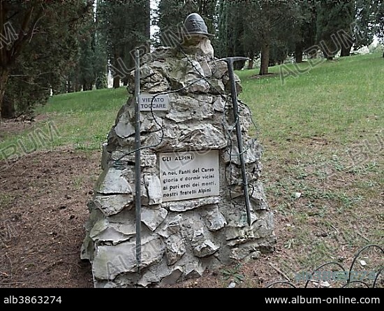 Symbolic grave stone for Mountaineera or Alpini, Park of Remembrance, Open Air Museum World War I on the Colle Sant'Elia hill, Isonzo, Redipuglia, Province of Gorizia, Friuli-Venezia Giulia, Italy, Europe.