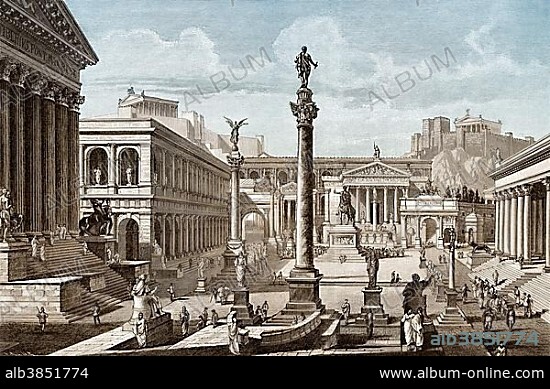 Reconstruction of the Roman Forum in ancient Rome, historical illustration.