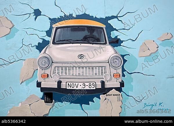 Birgit Kinder, Test the Rest, Trabant breaking through the Berlin wall, mural by Birgit Kinder, Berlin Wall, East Side Gallery, Berlin, Germany, Europe.
