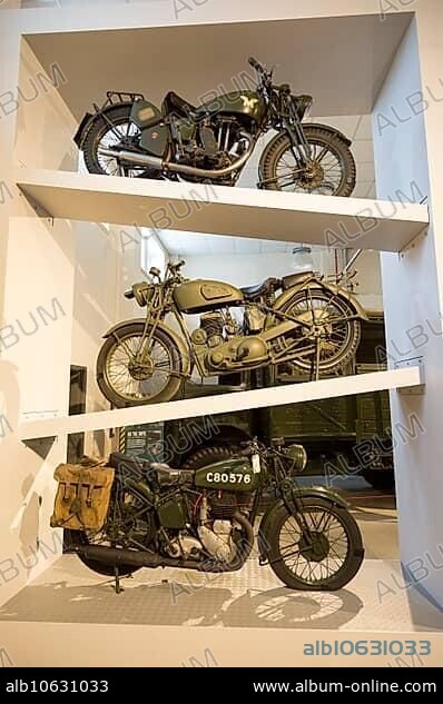 Motorcycles from 1940s, Matchless G3 at top and two BSA M20 bikes, REME museum, MOD Lyneham, Wiltshire, England, UK.