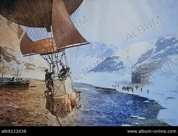 Salomon August Andrées Expedition with a gas balloon to the North Pole started on 11 July 1897 and ended in October of the same year with the death of the three participants, Historic, digitally restored reproduction of an original 19th century artwork, exact original date not known.