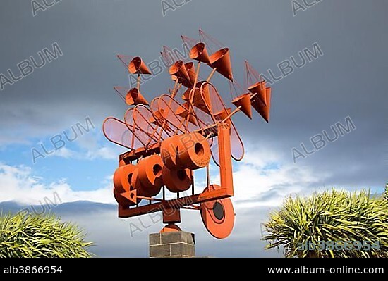 CÉSAR MANRIQUE. Wind chime or weather vane, sculpture by César Manrique, Arrieta, Lanzarote, Canary Islands, Spain, Europe.