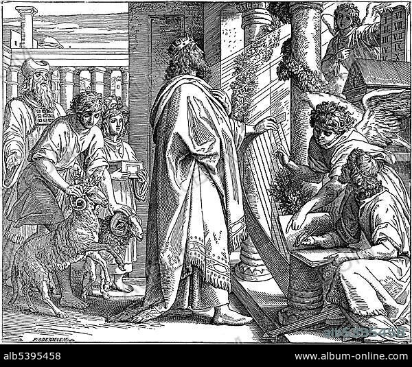 Woodcut, David, the Psalmist, worship, Psalms, 18, 1, Old Testament, Catholic Picture-Bible.
