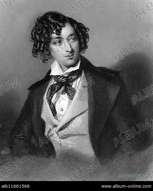 Benjamin Disraeli, 1st Earl of Beaconsfield (1804-1881) on engraving from 1839. British Prime Minister, parliamentarian, Conservative statesman and literary figure. Engraved by H.Robinson after a painting by A.E.Chalon and published by Virtue & Co.
